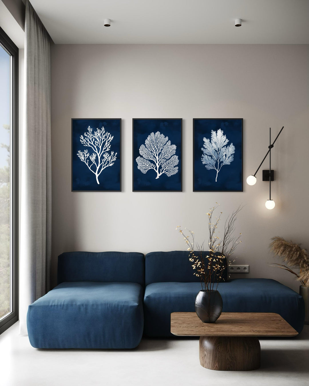 Set of three vertical canvas wall art panels featuring white sea corals on a navy blue background.