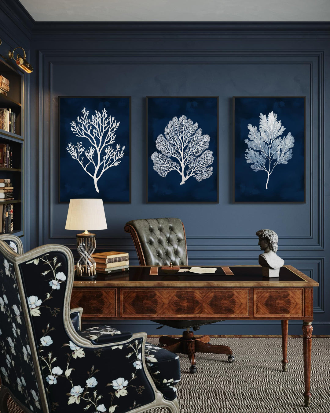Set of three vertical canvas wall art panels featuring white sea corals on a deep navy background.