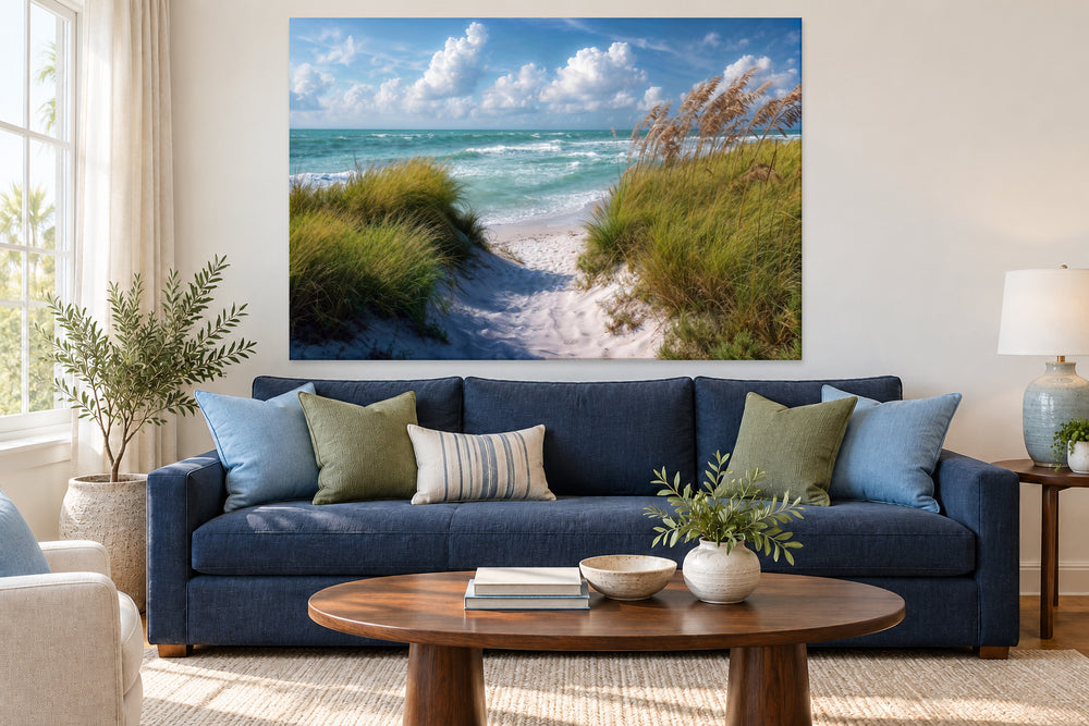 5-piece beach dunes coastal canvas wall art showing a sandy path to the ocean above a blue sofa.
