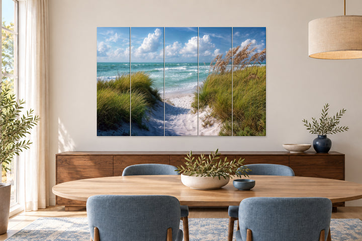5-piece coastal canvas wall art featuring a serene beach dune path leading to the ocean.