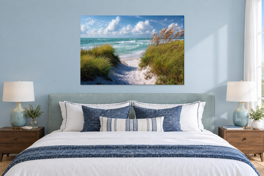 5-piece coastal canvas wall art featuring a serene beach dune path leading to the ocean.
