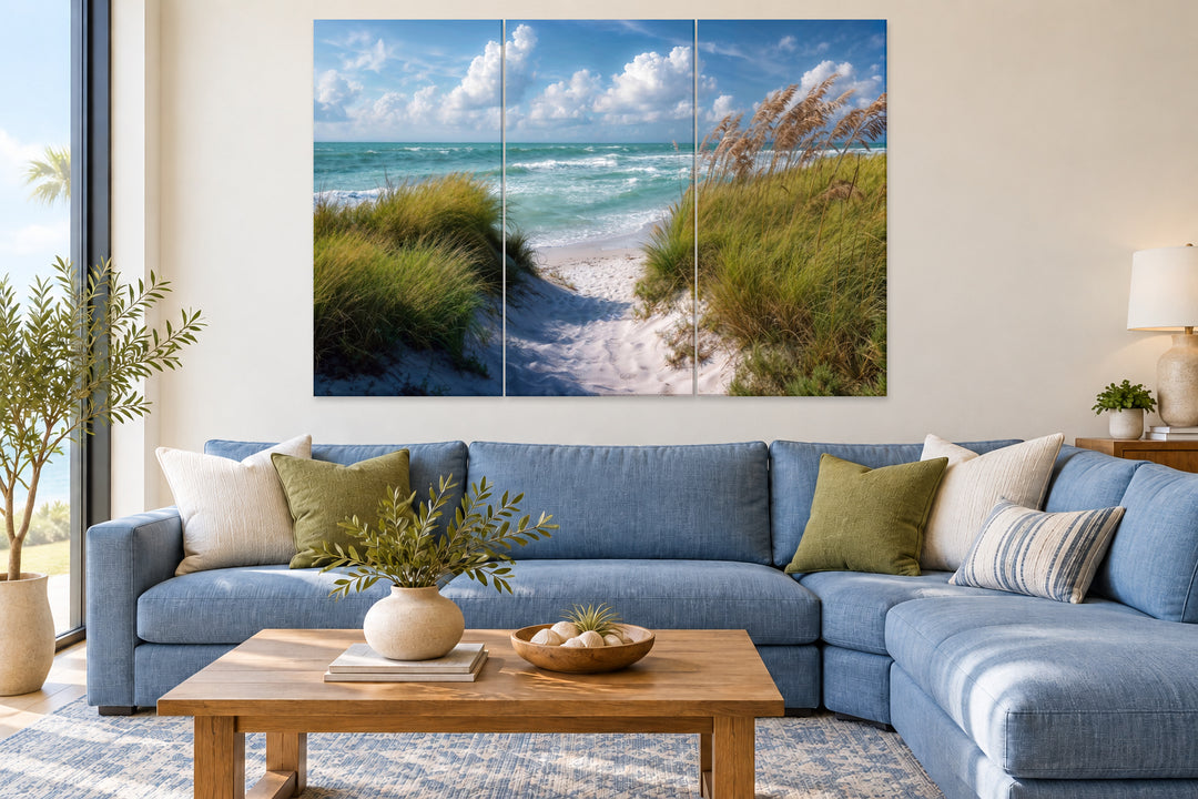 5-piece beach dunes coastal canvas wall art featuring a serene ocean view over a blue sofa.