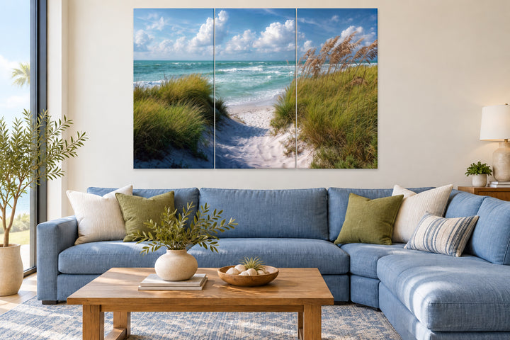 5-piece beach dunes coastal canvas wall art featuring a serene ocean view over a blue sofa.