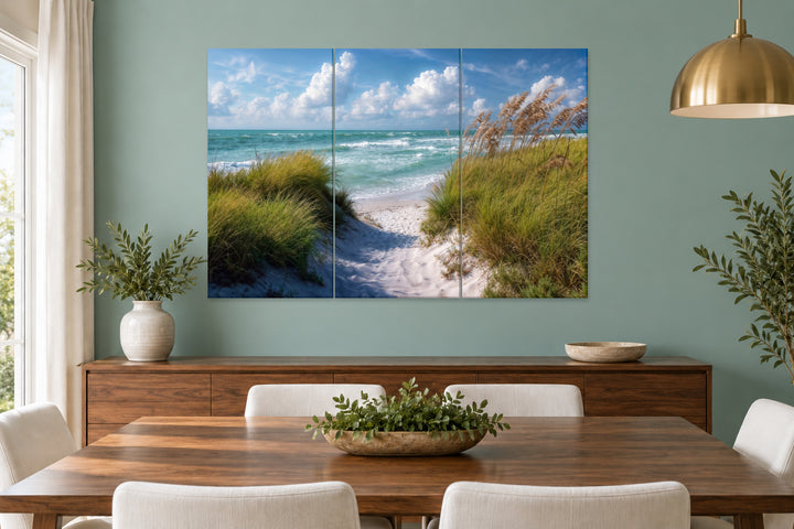 5-piece beach dunes coastal canvas wall art featuring a serene ocean view over a dining table.