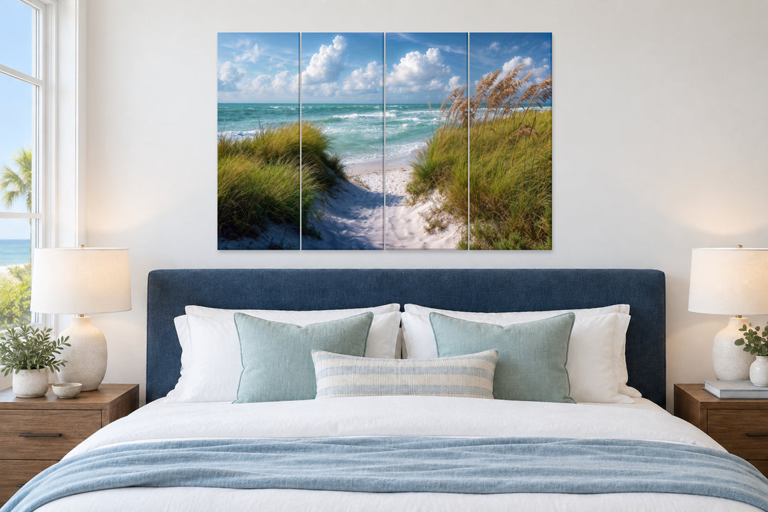 5-piece coastal canvas wall art featuring beach dunes, sea grass, and ocean view over a bed.