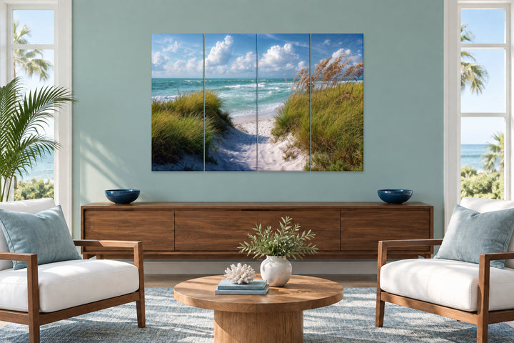5-piece coastal canvas wall art featuring a serene beach dune path leading to the ocean.