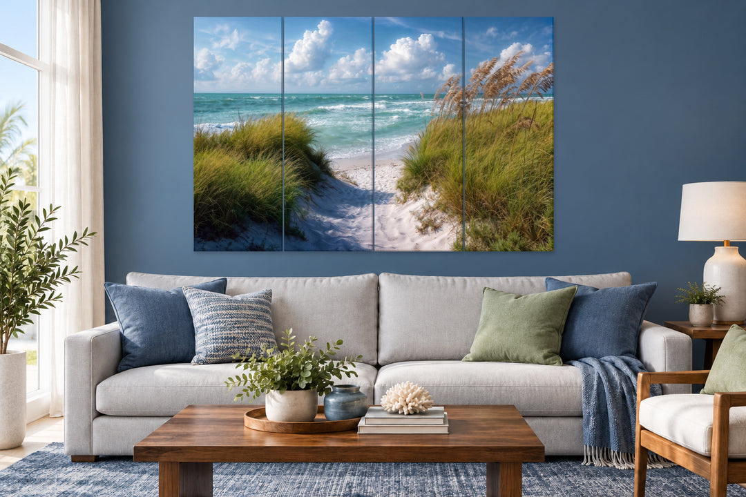5-piece multi-panel coastal canvas wall art featuring beach dunes and ocean view in a living room.