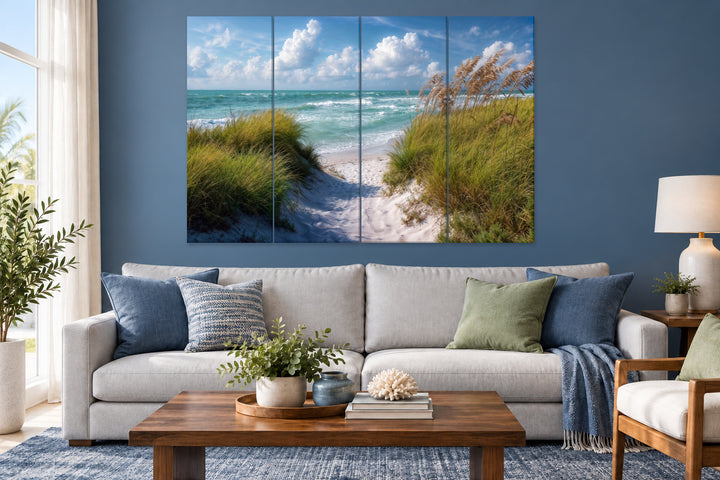 5-piece multi-panel coastal canvas wall art featuring beach dunes and ocean view in a living room.