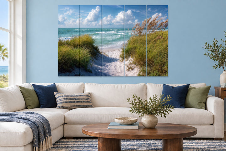 5-piece coastal canvas wall art featuring a serene beach dune path leading to azure ocean waters.
