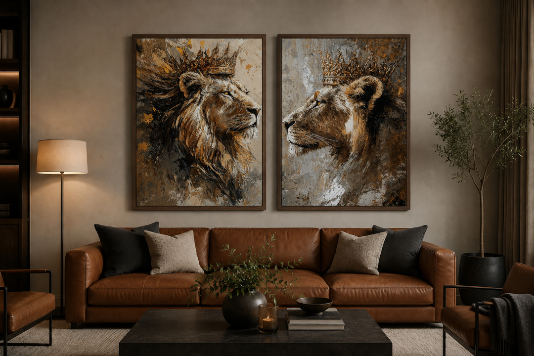 Set of 2 framed canvas prints featuring a lion king and lioness queen in crowns above a brown sofa.