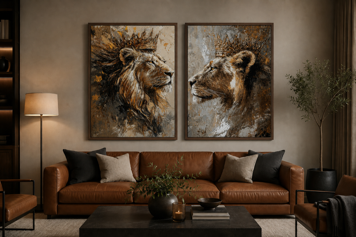 Set of 2 framed canvas prints featuring a lion king and lioness queen in crowns above a brown sofa.