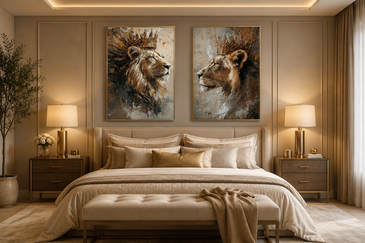 Set of 2 framed canvas prints featuring a lion king and lioness queen in crowns above a bed.