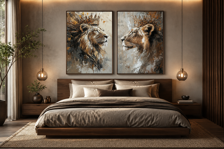 Set of 2 framed canvas prints featuring a lion king and lioness queen in crowns above a bed.
