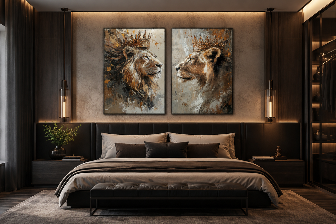 Set of 2 framed canvas prints featuring a crowned lion and lioness above a modern bedroom headboard.