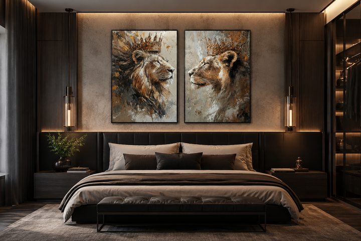 Set of 2 framed canvas prints featuring a crowned lion and lioness above a modern bedroom headboard.