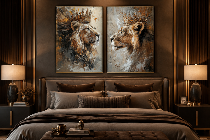 Set of 2 framed canvas prints featuring a crowned lion and lioness above a bed in a dark bedroom.
