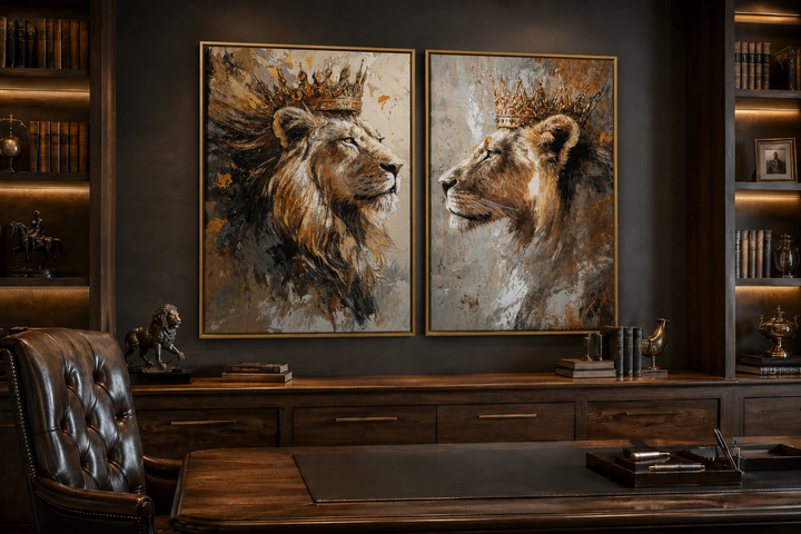 Set of two framed canvas prints featuring a lion king and lioness queen wearing golden crowns.