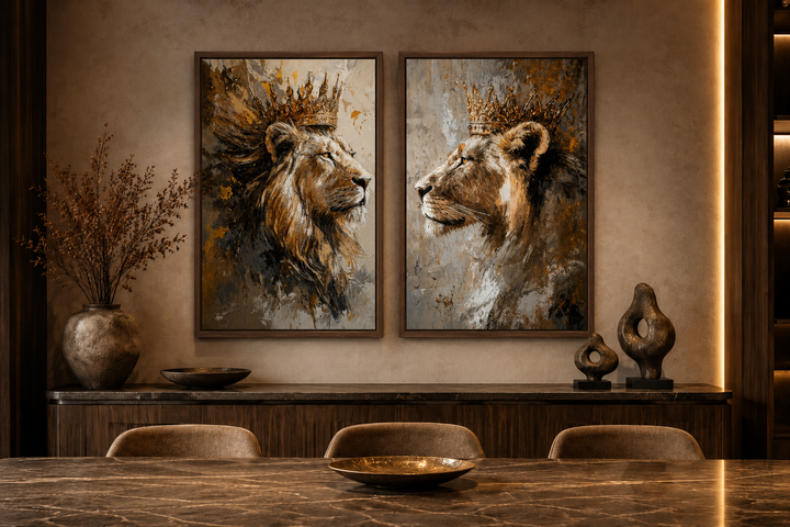 Set of 2 framed canvas prints featuring a lion king and lioness queen wearing golden crowns.
