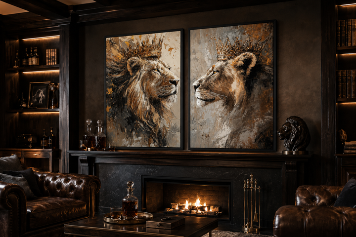 Set of 2 framed canvas prints featuring a lion king and lioness queen in crowns above a fireplace.