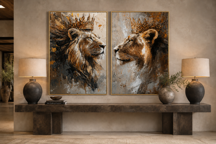 Set of 2 framed canvas prints featuring a lion king and lioness queen wearing golden crowns.