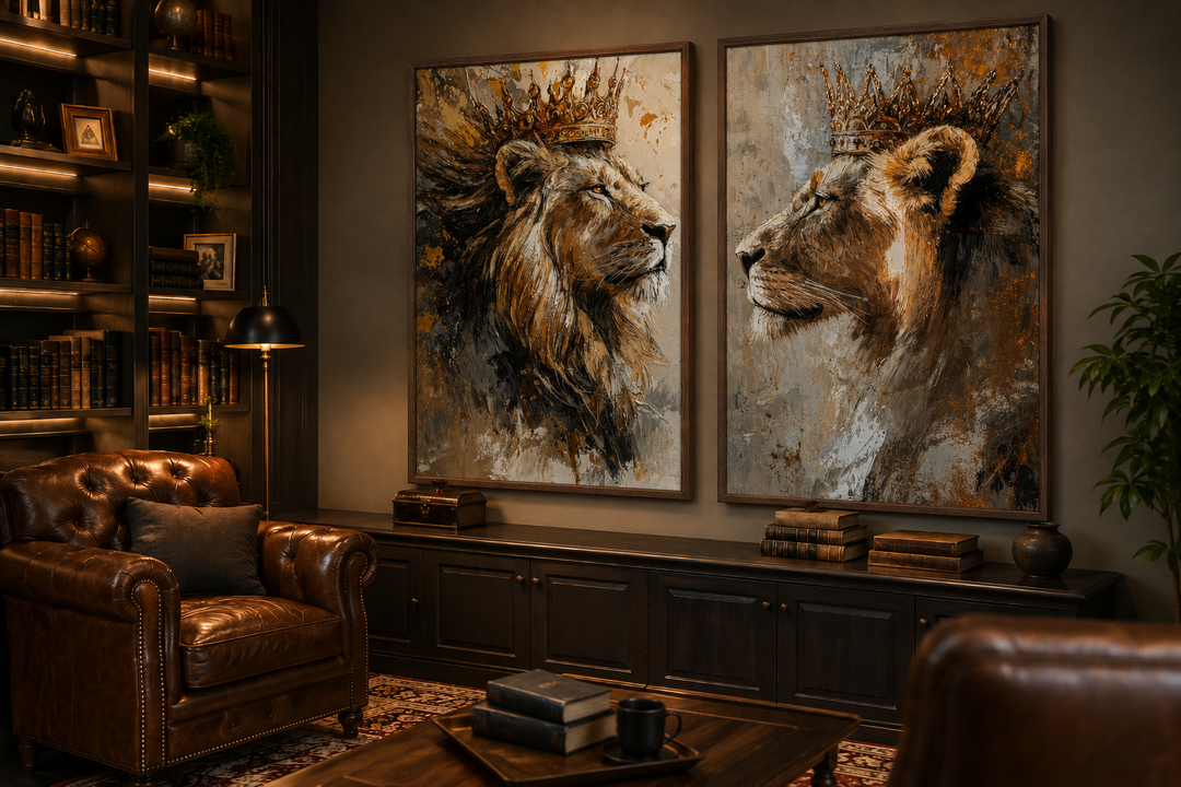 Set of 2 framed canvas prints featuring a lion king and lioness queen in crowns for bedroom decor.