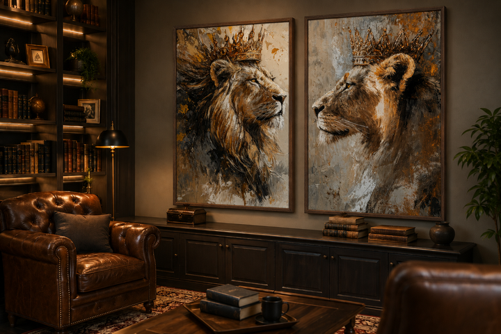 Set of 2 framed canvas prints featuring a lion king and lioness queen in crowns for bedroom decor.