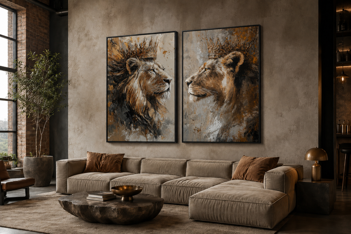 Set of 2 framed canvas prints featuring a crowned lion and lioness in a modern living room.