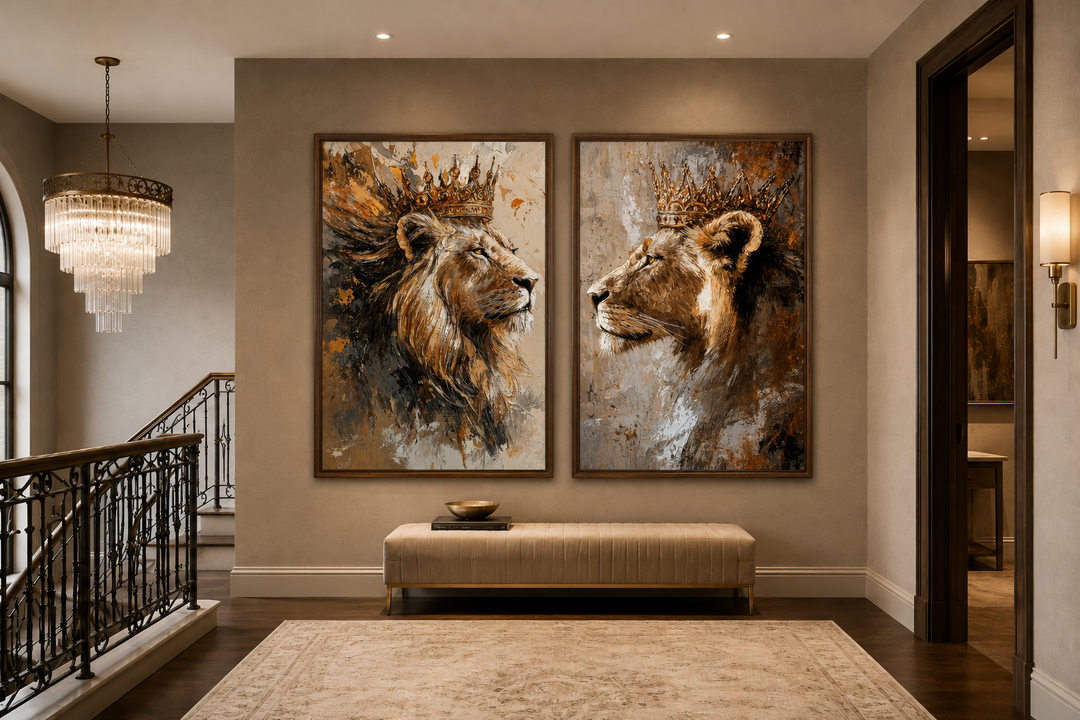 Set of 2 framed canvas prints featuring a lion king and lioness queen with golden crowns.