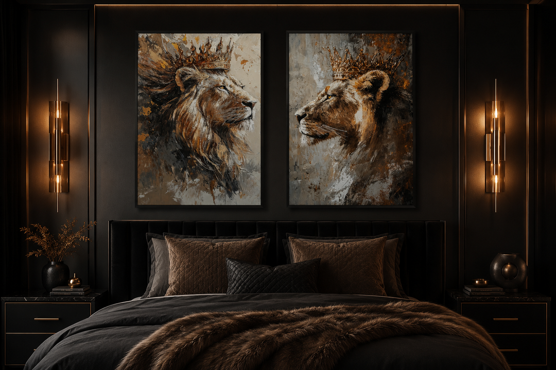 Set of 2 framed canvas prints featuring a lion king and lioness queen in crowns above a bed.