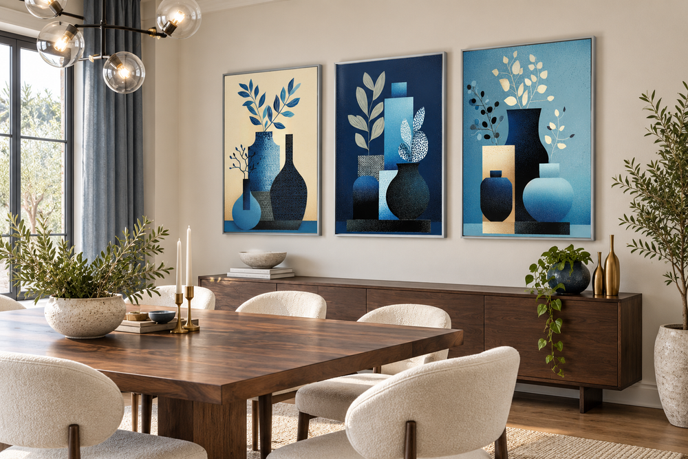 Set of 3 blue and beige mid-century modern vase canvas prints hanging above a wooden sideboard.