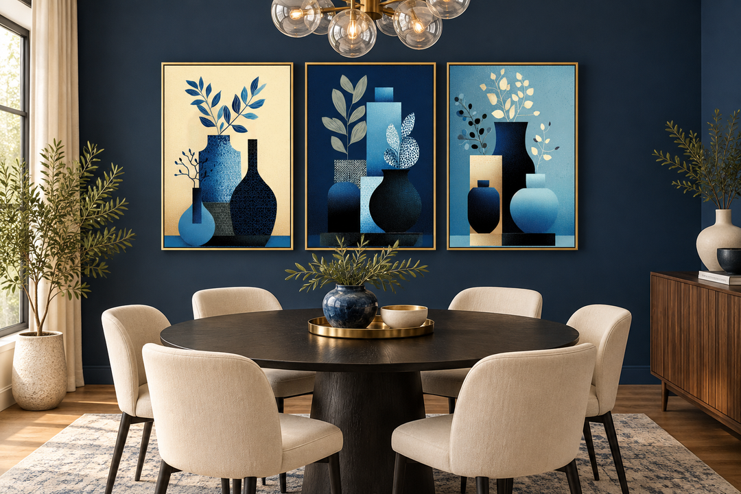 Set of 3 blue and beige mid-century modern vase canvas prints on a navy wall in a dining room.