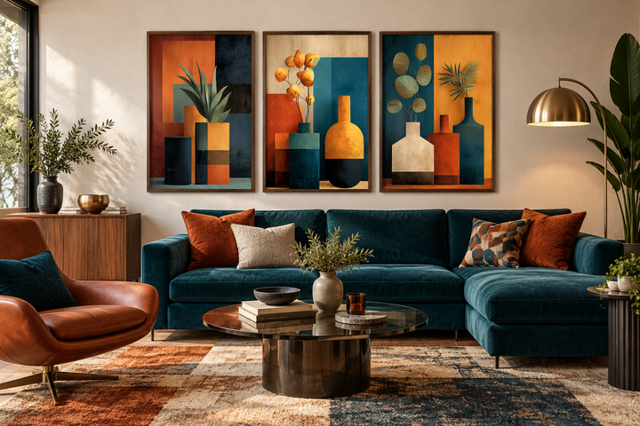Set of 3 mid-century modern canvas prints featuring abstract geometric vases in earthy tones.