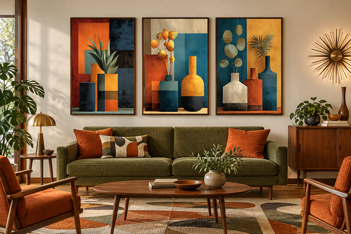 Set of 3 mid-century modern canvas prints featuring geometric vases and botanicals in earth tones.