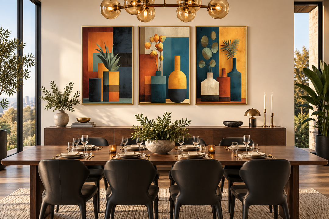 Set of 3 mid-century modern geometric canvas prints with abstract vases and botanicals in a room.