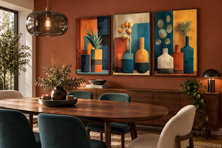 Set of 3 mid-century modern canvas prints with geometric vases and botanicals in earth tones.