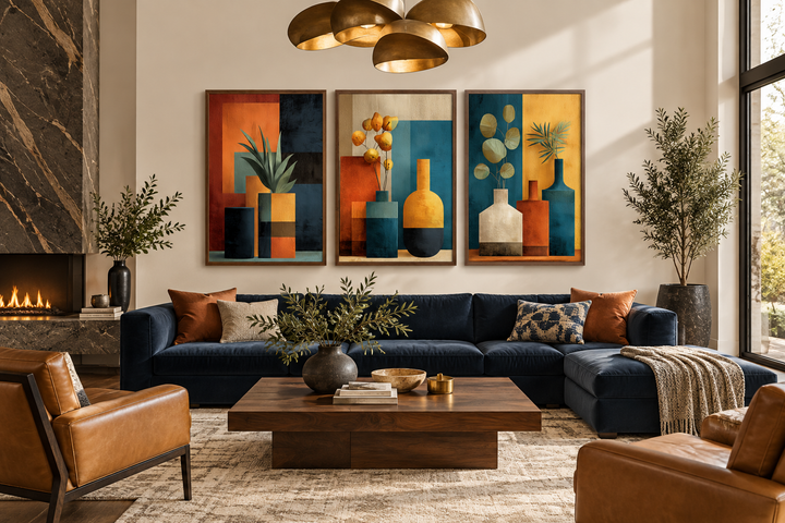 Set of 3 mid-century modern canvas prints featuring geometric vases and botanicals in earth tones.