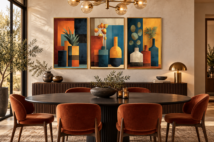 Set of 3 mid-century modern geometric canvas prints featuring abstract vases and botanicals.