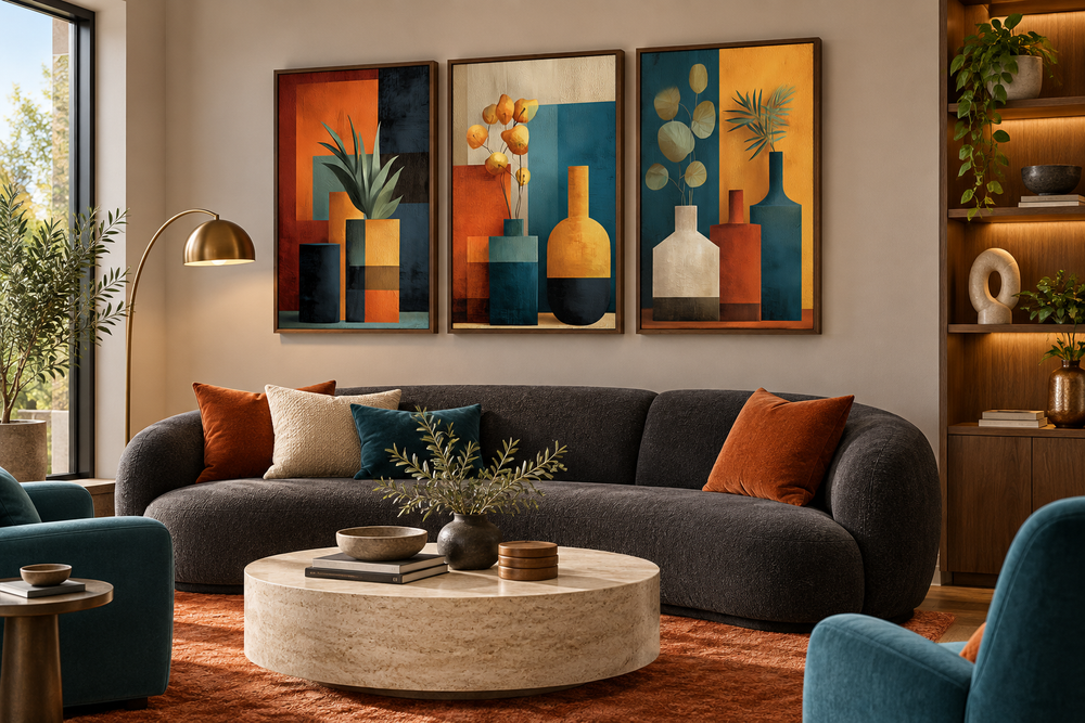Set of 3 mid-century modern geometric canvas prints featuring abstract vases and botanicals.