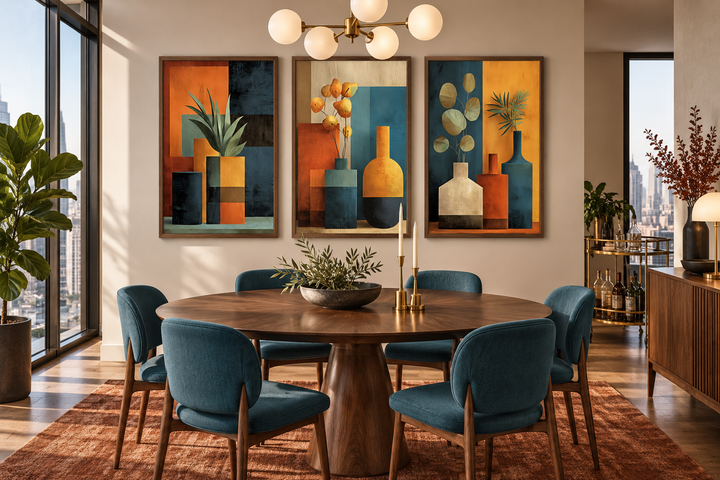 Set of 3 mid-century modern canvas prints featuring abstract geometric vases in earthy tones.