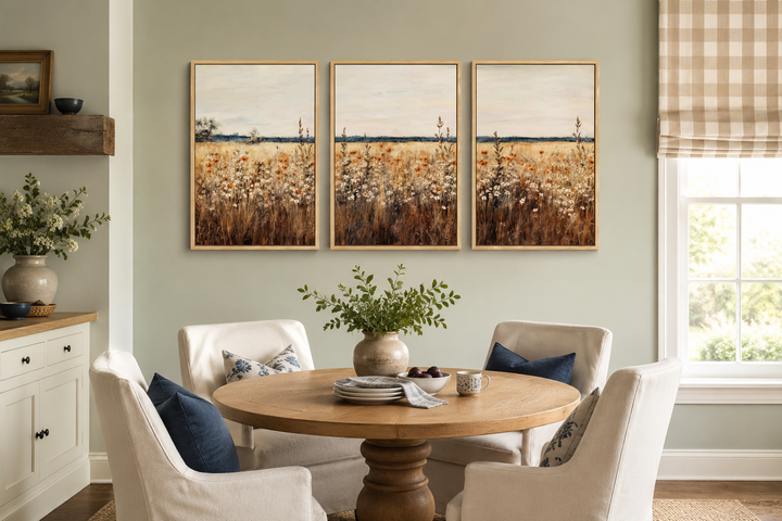Set of 3 rustic wildflower field framed canvas wall art panels in a farmhouse dining room.