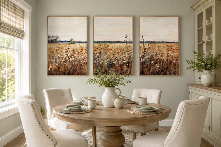 Set of 3 framed canvas prints featuring a rustic wildflower field in a farmhouse dining room.