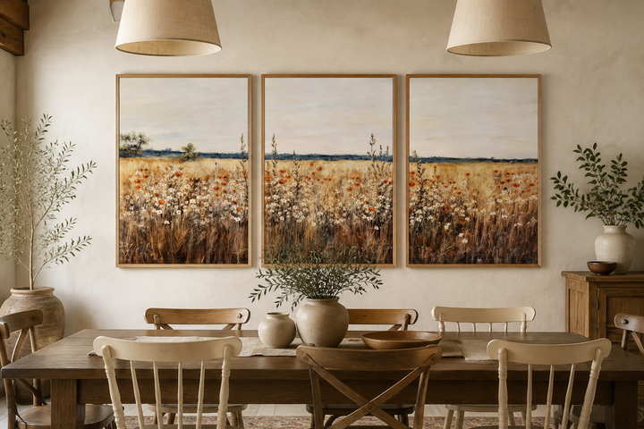 Set of 3 framed canvas prints featuring a rustic wildflower field in a farmhouse dining room.