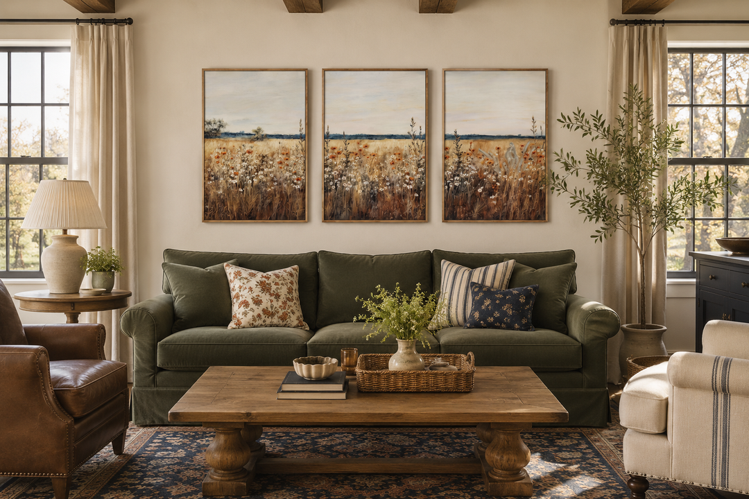Set of 3 rustic wildflower field framed canvas wall art panels hanging above a green sofa.