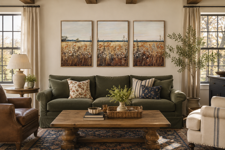 Set of 3 rustic wildflower field framed canvas wall art panels hanging above a green sofa.