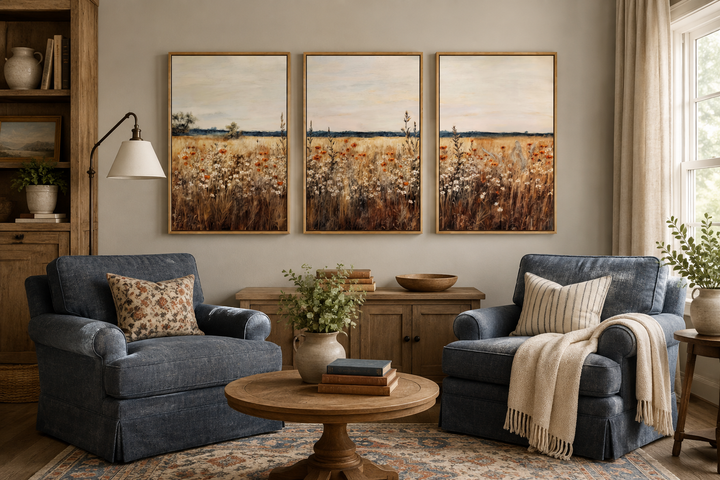 Set of 3 rustic wildflower field framed canvas wall art panels above a wooden console table.