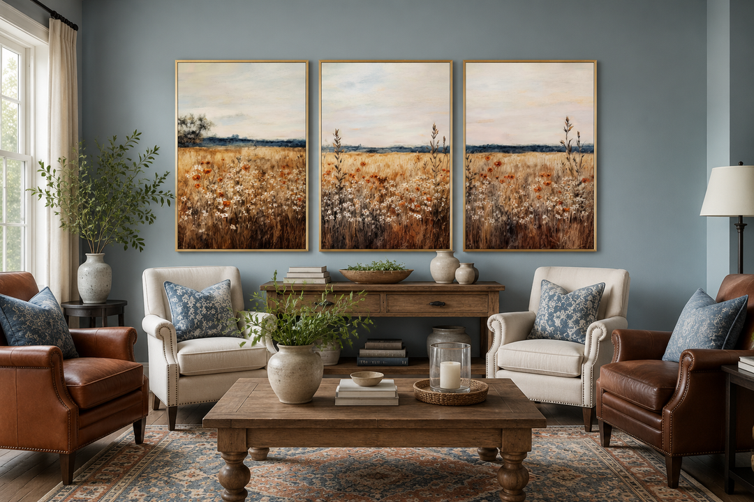 Set of 3 framed canvas wall art featuring a rustic wildflower field in a farmhouse living room.