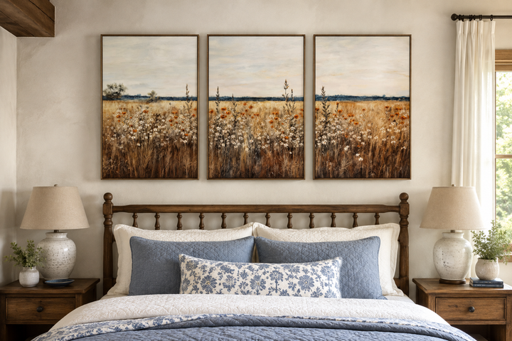 Set of 3 rustic wildflower field framed canvas wall art hanging above a bed in a farmhouse bedroom.