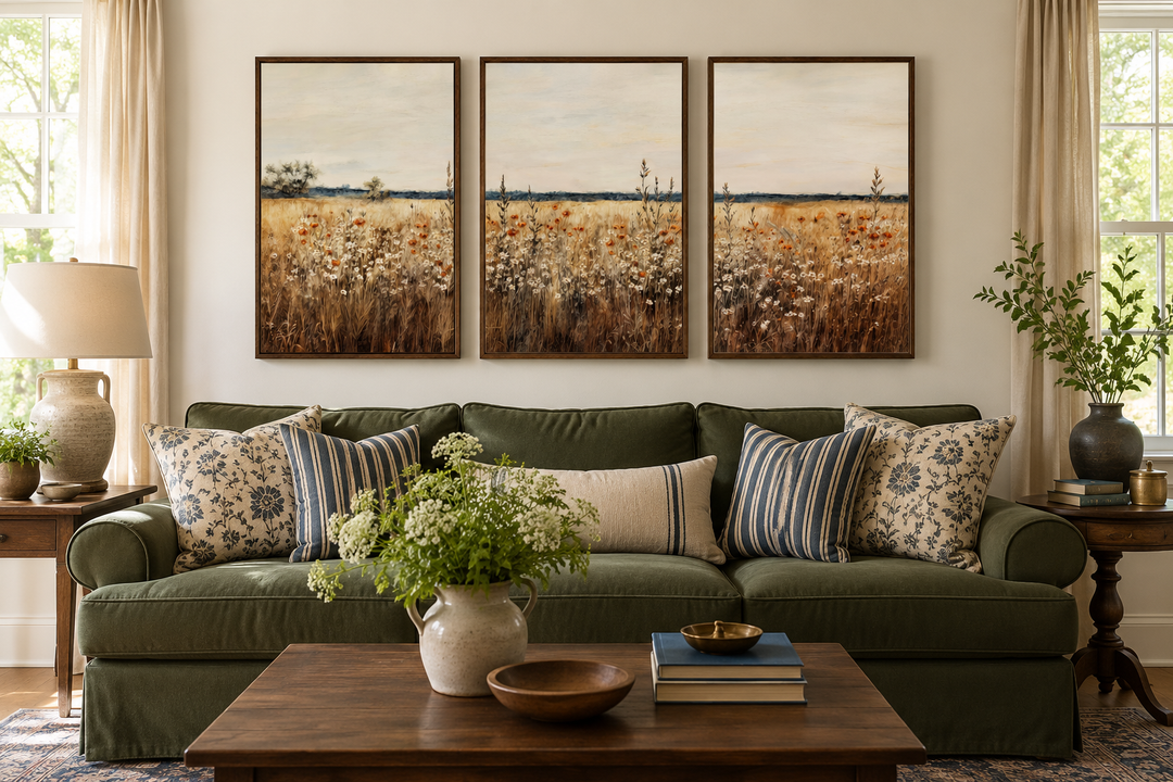 Set of 3 framed canvas prints featuring a rustic wildflower field above a green sofa.