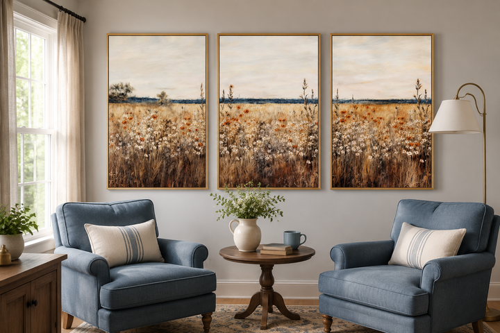 Set of 3 framed canvas wall art pieces featuring a rustic wildflower field in a farmhouse living room