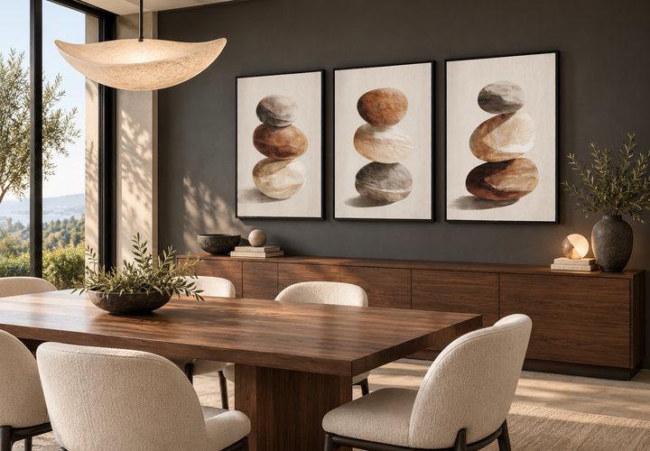 Set of 3 minimalist canvas prints featuring stacked stones in neutral tones on a dark gray wall.
